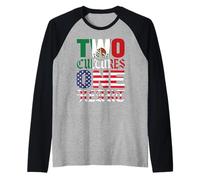 Dos Culturas Un Corazón México USA Mexicano Chicano Raza Migra Camiseta Manga Raglan