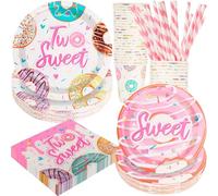 Dos decoraciones de fiesta de cumpleaños de donas dulces, 120 piezas con temática de dona de segundo cumpleaños, suministros desechables y encantadores, incluye platos de papel, servilletas, vasos y
