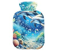 Dos delfines con burbujas para botellas de agua caliente, almohadilla térmica de agua, bolsa de agua caliente para calentador de pies y alivio del dolor, 1 litro