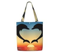 Dos delfines saltando en forma de corazón,Bolsas de supermercado reutilizables, bolsas de compras, bolsas de lona de gran capacidad, bolso de hombro