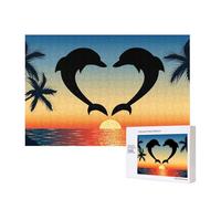 Dos Delfines Saltando en Forma de corazón,Rompecabezas de Madera de 300 Piezas, Juego Familiar, Rompecabezas para Adultos, Adolescentes, decoración del hogar