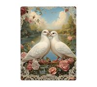 Dos Dove Blancas En Ramas con Rosas Y Lago. Letrero De Metal Decoración Placa Metálica Divertido Cartel De Chapa para Clube Bar Taller 20X30Cm