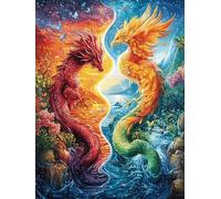 Dos Dragones en Llamas Coloridas Puzzles 300 Piezas Estera Portátil 3D Antideslizante Mitos Animal-Planta Rompecabezas Familiar para Adultos Aliviar Estrés Decoración Hogar Moderno Creativo 300 PCS