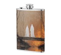 Dos fantasmas blancos de pie en puente de madera vieja petaca de bolsillo de 8 onzas, banderas de acero inoxidable para papá, padrino de boda, viajes, camping