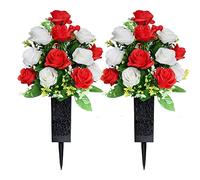 Dos flores artificiales de cementerio con jarrón, utilizadas para la decoración de lápidas de la tumba y el salón conmemorativo, el jarrón con agujero de drenaje y clavos largos conmemorativos al aire