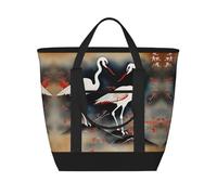 Dos grúas japonesas volando pintura tradicional bolsa de mano aislada de gran capacidad, correa de hombro ajustable, perfecta para el trabajo, picnic y viajes, elegante
