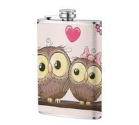 Dos lindos búhos de dibujos animados,Frasco de acero inoxidable 304 de 8 oz con funda de cuero sintético, frasco de bolsillo para licor plano para exteriores