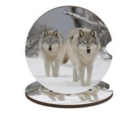 Dos lobos caminando en la nieve - Posavasos universales antideslizantes para bebidas con base de corcho y muesca de dedo, accesorios de coche para mujeres y hombres