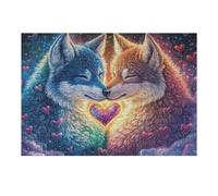 Dos Lobos con Corazón Entre Las Flores en Floración Puzzle 300 Piezas Cartón Grueso para Adolescentes Mejora Coordinación Ojo-Mano Actividad Compartir Familia Pieza Colección Navidad 300 PCS