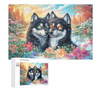 Dos Lobos en el Campo de Flores con el Cielo de la Puesta del Sol Puzzle 1000 Piezas para Mayores Momento Tranquilo Estimulación Cognitiva Regalo para Ocio 1000 PCS