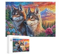 Dos Lobos en Flores con Dos Lunas Puzzle 300 Piezas para Parejas Pausa En La Oficina Alivio del Estrés Regalo para Aniversario 300 PCS