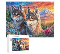 Dos Lobos en Flores con Dos Lunas Puzzle 500 Piezas para Parejas Desafío De Puzzle Pensamiento Lógico Regalo para Celebración 500 PCS