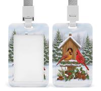 Dos pájaros de madera con diseño de casa de pájaros de bosque de invierno, soporte retráctil para tarjetas, protector de tarjetas, placa de nombre, etiqueta de nombre para trabajo, oficina, médico