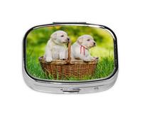 Dos perros en una cesta impresa, pastillero Meta con 2 compartimentos, organizador portátil