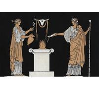 Dos sacerdotisas de la antigua Grecia hacen ofrendas a los muertos en forma de liberación vertida sobre una llama en un altar. Después de una obra del artista inglés John Flaxman. Póster impreso por