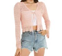 Dosieyeo Cárdigan de punto para mujer de ganchillo con cinta de lazo delantero con cuello en V, chaqueta de manga larga, corte ligero, cubierta de playa, Camarón rosa, S