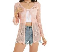 Dosieyeo Chaqueta de punto larga para mujer con cuello en V, cárdigan con patrón de calados, cinta ajustable, ligera y aireada, chaqueta de ganchillo, cubrebikini, para playa, L