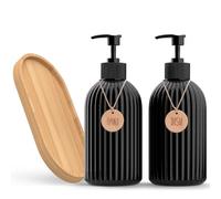 Dosificador Jabon Cocina y Dispensador Jabon Baño - Set de 2 Botes para Platos y Manos - Dispensador Jabon Cocina con Bandeja de bambú y 2 Colgantes de bambú de 500ML, Color Negro