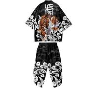 DOSLAVIDA Conjunto de cárdigan tipo kimono japonés para hombre, estilo chino, chaqueta estampada, pantalones, parte delantera abierta, siete mangas y pantalones cortos, 10-negro, X-Large
