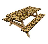 DOTBUY-SHOP Juego de 3 Mantel Antimanchas para Mesa de Picnic Plegable con Fundas para Banco, Mantel Mesa Rectangular Poliéster con Gomas Ajustable Impermeable para Exterior (Leopardo Amarillo)