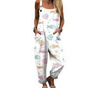 DOTBUY-SHOP Mono Mujer Elegante Talla Grande, Mono Mujer Casual Culotte con Bolsillos Peto Holgado Verano Playa con Correa Ajustable para Fiesta y Diario (Peces adorables,l)