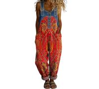 DOTBUY-SHOP Mono Mujer Verano, Falso Denim Peto Largo Casual de Pierna Ancha con Bolsillos, Monos Mujer Elegante Holgado para Diario y Playa (Étnico,3x_l)