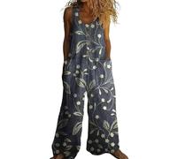 DOTBUY-SHOP Mono Mujer Verano Jumpsuit Elegante Overol para Mujer, Casual, Chic, Sin Mangas, Estampado 3D, Pantalones de Pierna Ancha Peto Largo para Playa, Vacaciones (Planta,xx_l)