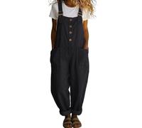 DOTBUY-SHOP Mono Mujer Verano, Peto Largo Casual de Pierna Ancha con Bolsillos, Estampado Monos Mujer Estilo vintage de color liso Holgado con Correa Ajustable (Negro,s)