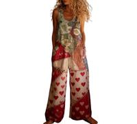 DOTBUY-SHOP Mono Mujer Verano, Retro callejero Peto Largo Casual de Pierna Ancha con Bolsillos, Monos Mujer Elegante Holgado para Diario y Playa (Corazones rojos,xx_l)