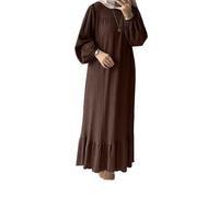 DOTBUY-SHOP Muslim Dress Woman Casual Abaya Islamic Donna Maxi Elegante Maniche Lunghe Moda Girocollo Kaftan Plus Size Caftan Dubai Loose per Vita Quotidiana S-3XL (0162 Caffè,L)