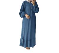 DOTBUY-SHOP Muslim Dress Woman Casual Abaya Islamic Donna Maxi Elegante Maniche Lunghe Moda Girocollo Kaftan Plus Size Caftan Dubai Loose per Vita Quotidiana S-3XL (0162 BLU,3XL)