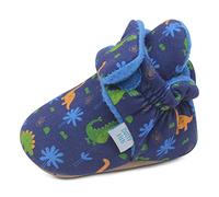 Dotty Fish Botas de Bebé de Algodón Orgánico con Forro de Lana. Pantuflas Ajustables. Suela Suave Antideslizante. Patucos Zapatos. Azul oscuro con dinosaurios. 12-18 meses