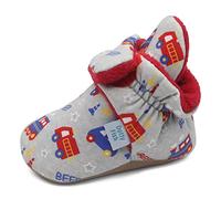 Dotty Fish Botas de Bebé de Algodón Orgánico con Forro de Lana. Pantuflas Ajustables. Suela Suave Antideslizante. Patucos Zapatos. Gris con trenes y coches. 0-6 meses