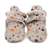 Dotty Fish Botines de bebé de algodón con suela de ante - Forro polar cálido - Ajustables y antideslizantes - Unisex, tallas 0-24 meses, Marrón con animales del bosque, 18-24 meses