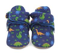Dotty Fish Botines de bebé de algodón con suela de ante - Forro polar cálido - Ajustables y antideslizantes - Unisex, tallas 0-24 meses, Azul marino con dinosaurios, 18-24 meses