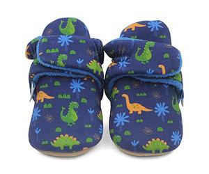 Dotty Fish Botines de bebé de algodón con suela de ante - Forro polar cálido - Ajustables y antideslizantes - Unisex, tallas 0-24 meses, Azul marino con dinosaurios, 18-24 meses