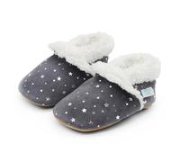 Dotty Fish Zapatillas de Casa de Ante para Bebés y Niños - Barefoot, Forro Polar, Antideslizantes, Ligeras, Flexibles, Pantuflas de Invierno para Niños y Niñas - Estrellas Plateadas 3-4 Años
