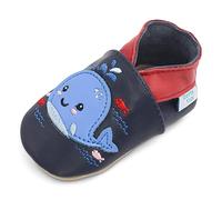 Dotty Fish Zapatos de Cuero Suave para bebés. Antideslizante. Azul Marino con Ballena. 12-18 Meses (21 EU)