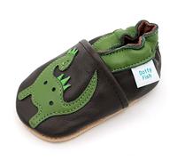 Dotty Fish Zapatos de Cuero Suave para bebés. Antideslizante. Marrón con Dinosaurio Verde. 18-24 Meses (23 EU)