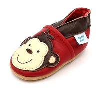 Dotty Fish Zapatos de Cuero Suave para bebés. Antideslizante. Rojo con Mono marrón. 4-5 Años (28 EU)