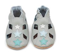 Dotty Fish Zapatos de Cuero Suave para bebés. Sandalias para niños y niña. Gris con Estrellas. 6-12 Meses (19 EU)