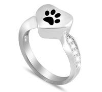 DOTUIARG Anillo de cremación para cenizas, huella de pata grabada, urna en forma de corazón, anillo de dedo, adorno de cristal, joyería de acero inoxidable para joyería conmemorativa