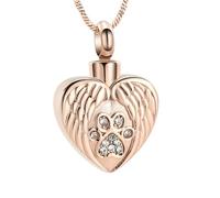 DOTUIARG Collar de Urna con Corazón de Huella de Mascota para Cenizas para Perro Gato Colgante de Medallón de Corazón de Ala de Ángel de Acero Inoxidable