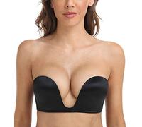 DotVol Sujetador sin Tirantes Push up para Mujer Escote Profundo U con Relleno Media Copa（100B,Negro）