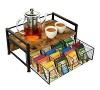 DOUBFIVSY Caja de Té Infusiones con 8 Compartimentos, Organizador de Té de Madera y Metal con Cajón, Caja de Almacenamiento Elegante para Té, Café, Especias, Encimera de Cocina, Porta Accesorios de Té