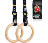 Double Circle Wood Gymnastic Rings with Quick Adjust Numbered Straps, Door Anchor, Foot Straps and Exercise Videos Guide for Full Body Workout, Calisthenics, and Home Gym (Rings 28mm)