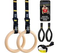 Double Circle Wooden Gymnastic Rings with Quick Adjust Numbered Straps and Exercise Video Guide - Full Body Workout, Calisthenics, Home Gym (Multi-Size)