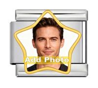 Double Fair Gold Star - Pulsera italiana con dije de foto personalizada, base de acero inoxidable, área de imagen de 7,5 x 7 mm, dije de imagen personalizado para mujer, añade tu foto, logotipo o arte