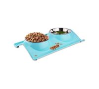 Double Food Bowls for Dog Cat Stainless Steel Pets Feeder Bowl Non-slip Pet Food And Water Supply (blue)