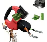 Double Retractable Dog Lead, Dual Dog Lead no Tangle, The Flow leesh Dual Leash with 360° No-Tangle Swivel, Retractable Length, LED Light & Poop Bag Holder (Red)